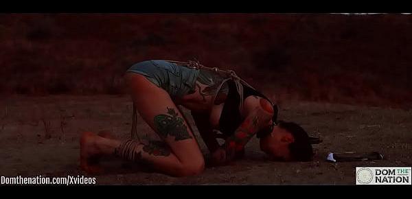  Ass eating bondage slave cries while her feet get caned outdoors in the dirt - Rocky Emerson